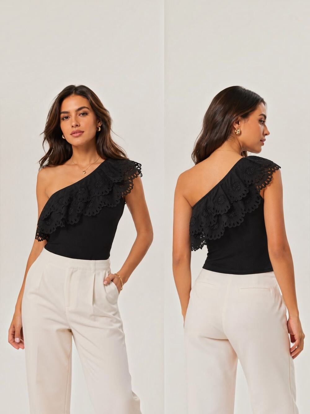 Express One Shoulder Eyelet Ruffle Knit Top Black XL NWT